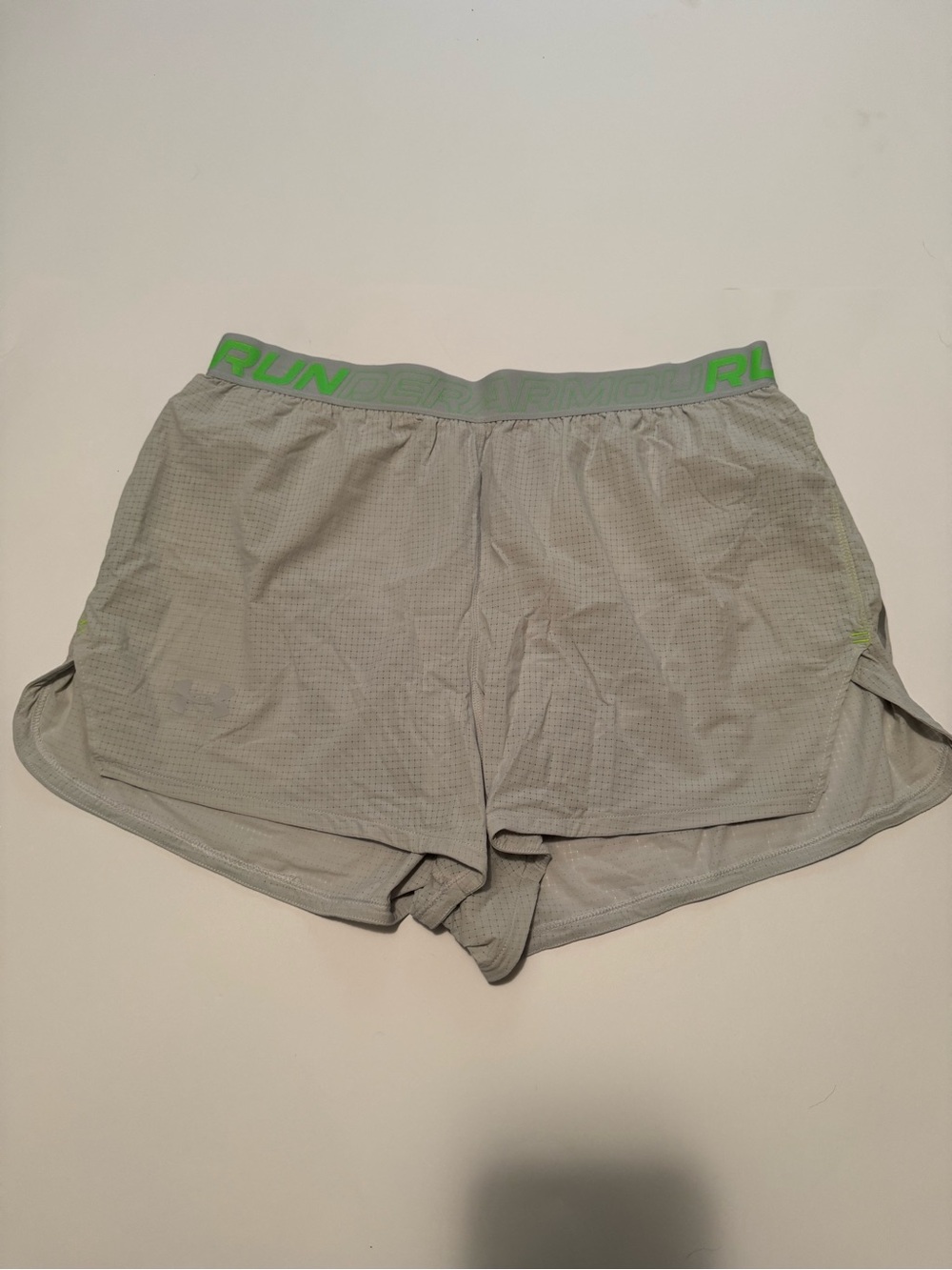 Under Armour Light Gray Running Shorts with Green Waistband